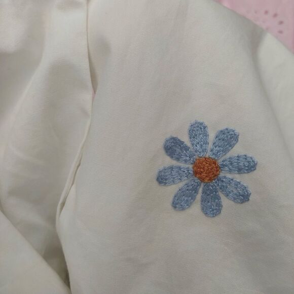 White & Blue Daisy Embroidered Poplin babydoll Mini Dress size S summer dress - Picture 5 of 5